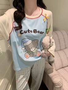 2pcs Women's Pajama Loungewear Set, Cute Pattern Print Pullover Round Neck Simple Long Sleeve Long Pants, All Season Wear - Multicolor - View 9