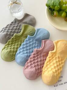 5/10 Pairs Women's Cable Knit Invisible Boat Socks, Solid Color Textured Non-Slip Low-Cut Socks - Multicolor - View 3