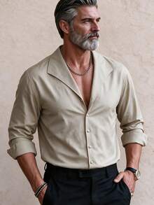 GOLDREDY Summer Thin Old Money Style Lapel Shirt Men's Slouchy Solid Color Loose Long Sleeve Casual Cardigan Top - Apricot - View 7