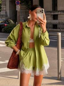 Women's Elegant 2 Pieces Set, Contrast Lace Trim Button Front Blouse, Spring/Autumn Party Outfit, Long Sleeve Shirt And Shorts - Olive Green - View 8