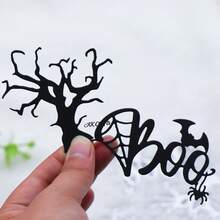 Halloween Horror Scene Metal Cutting Template Set, Includes "Boo" Text, Dead Tree, Cemetery Fence, Bat, Spider Patterns, Suitable For DIY Scrapbooking, Card Making, Halloween Party Embossing Template Paper, Handmade Notebook Decoration - C-Silver - View 2