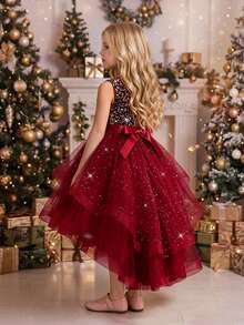 Young Girls Sleeveless Sequin Bow Mesh Tulle Train Puff Elegant Dress Suitable For Party, Headband Not Included - Burgundy - View 4