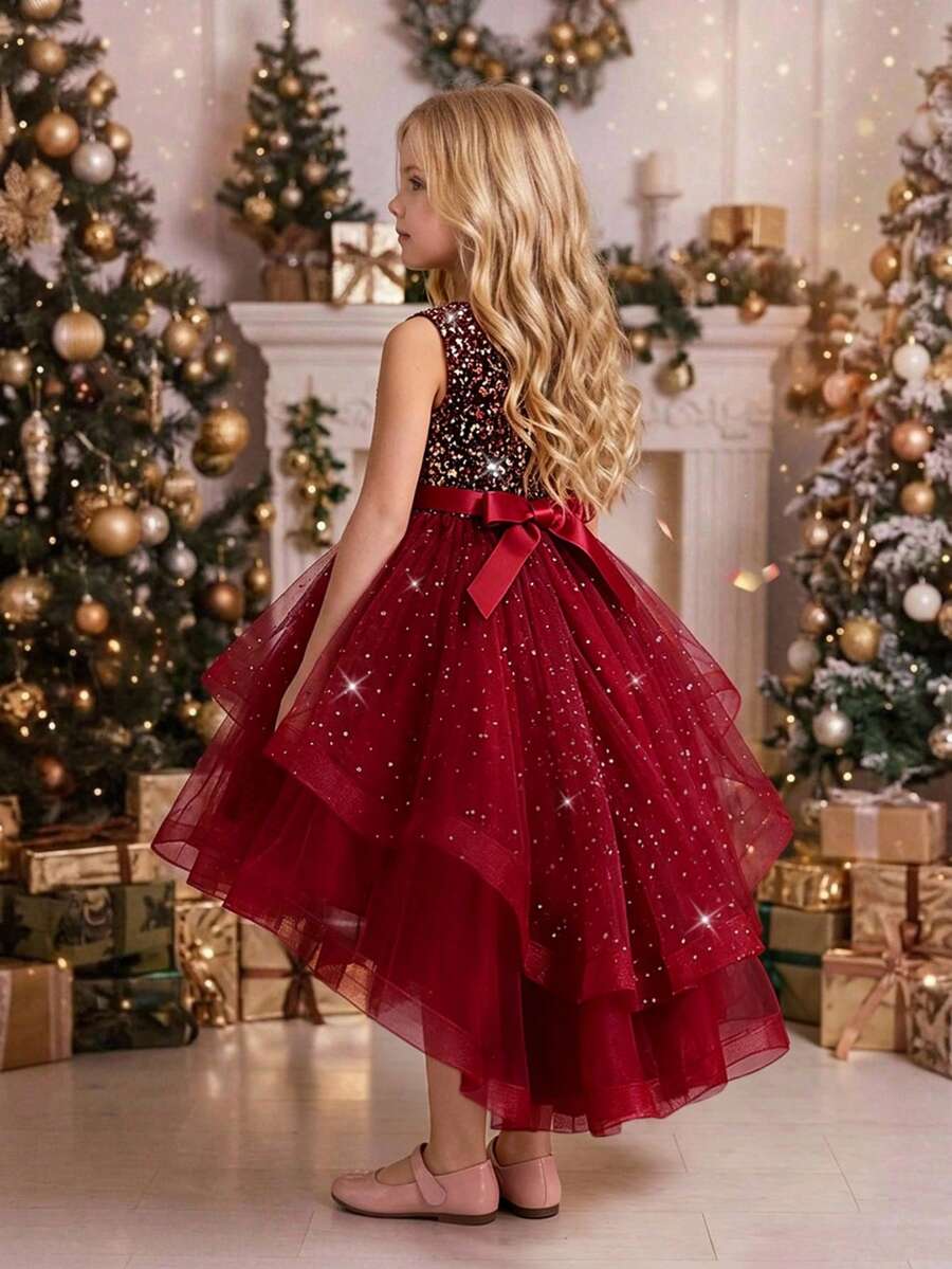 Young Girls Sleeveless Sequin Bow Mesh Tulle Train Puff Elegant Dress Suitable For Party, Headband Not Included - Burgundy - View 1