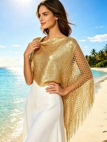 1pc Bohemian Metallic Knit Fringe Shawl, Shiny Lightweight Mesh Fringe Party Evening Cape - Gold - View 3
