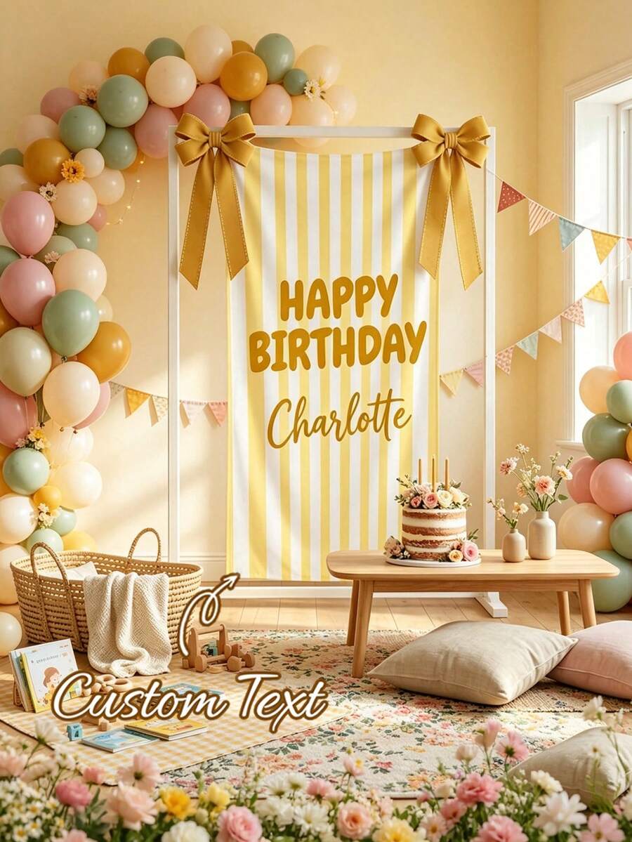 Custom Name Party Backdrop, Boy Girl Birthday Party Decoration.Flat Printing Personalized Happy Birthday Sign, Striped Birthday Banner,Birthday Welcome Banner Stripe Fabric Backdrop Custom Name Party Sign - Multicolor - View 1