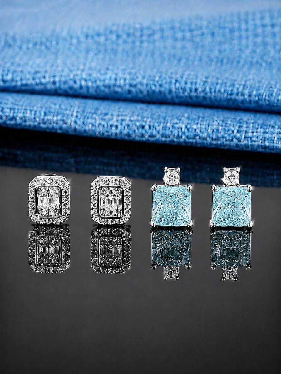 rakol 4pcs Women's Geometric Ocean Blue Fashion Elegant Versatile Cubic Zirconia Decor Stud Earrings Set Suitable For Daily Wear