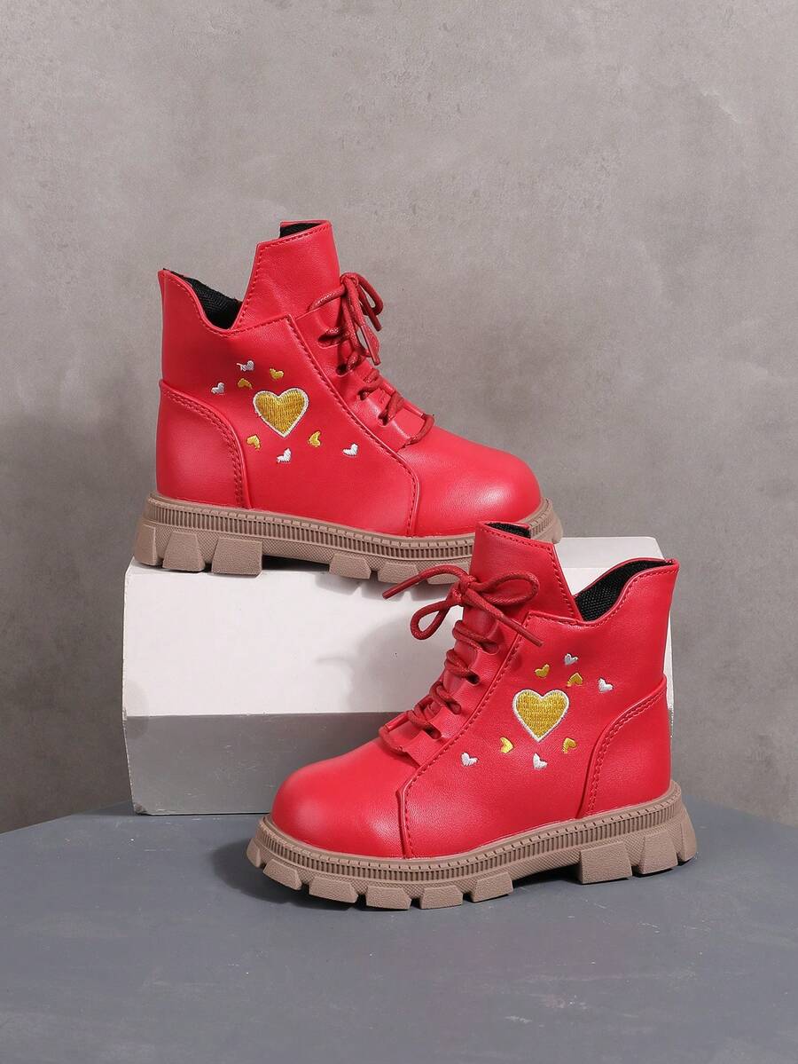 Girls Heart Embroidery Ankle Booties, Lace‑Up Side Zip Short Boots, Thick Non‑Slip Sole Kids Fashion Daily Footwear - Red - View 1