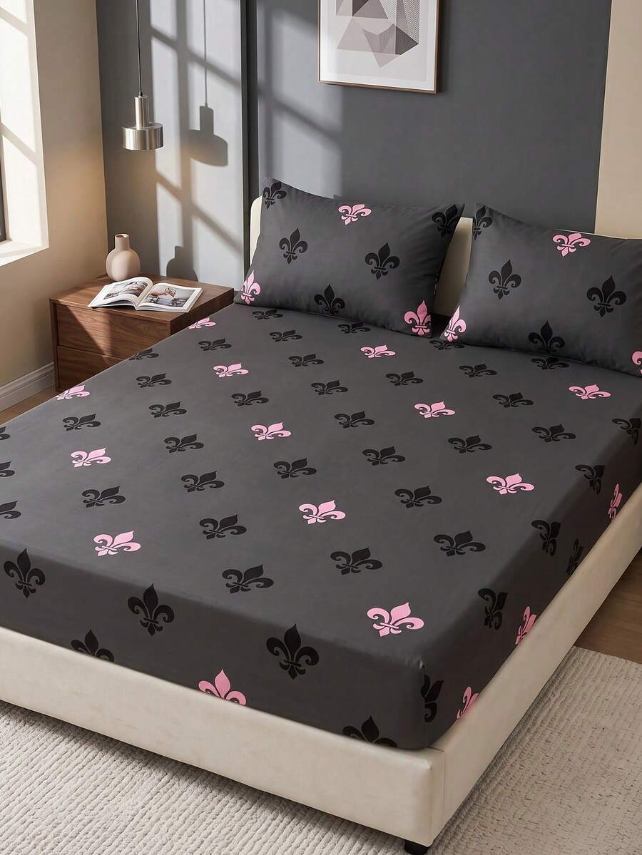 1件裝粉灰色印花貼身床單床墊保護套，秋季床品，柔軟舒適保暖透氣抗皺，可機洗，Twin/Full/Queen/King尺寸，四季通用，不含枕頭與枕套，宿舍臥室裝飾