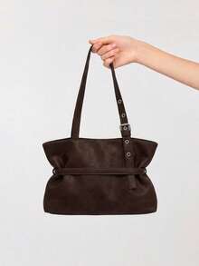 Women's Vintage Style Faux Leather Shoulder Bag, Motorcycle Design, Large Capacity Tote Bag, With Metal Buckle, Fashion Commuter Handbag - Multicolor - View 6