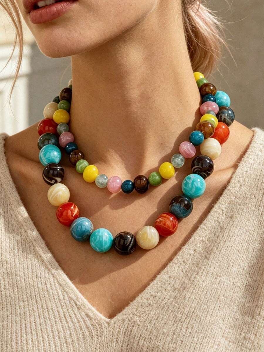 OABE Set Pakaian Musim Gugur 2pcs/Set Gaya Bohemian Kalung Berlapis Manik-Manik Warna-warni Termasuk Manik-Manik Bulat dan Manik-Manik Asimetris, Buatan Tangan, Cocok untuk Pemakaian Sehari-hari Wanita, Bentuk dan Warna Manik-Manik Acak - Cantik Sekali - View 1