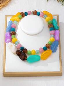 OABE 2pcs/Set Bohemian Style Colorful Asymmetrical Beaded Necklace Set, Suitable For Women's Daily Wear, Handmade Beaded Colors And Shapes Random - Colorful - View 6