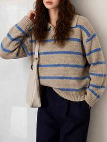 Women's Winter Casual Minimalist Striped Design Turn Collar Pullover Sweater - Oatmeal - View 4