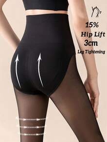 Women's Waist‑Shaping Hip‑Lifting Black Semi‑Sheer Fleece‑Lined Tights, Foot‑Compression Warm Slim‑Fit Body‑Shaping Base Layer For Fall & Winter - Black - View 4