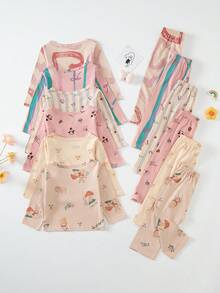 6 Sets Send 1 Set Random Baby Girl Pure Cotton Long Sleeve Long Pants Pajama Set, Cartoon Pattern Loungewear Set - Multicolor - View 2