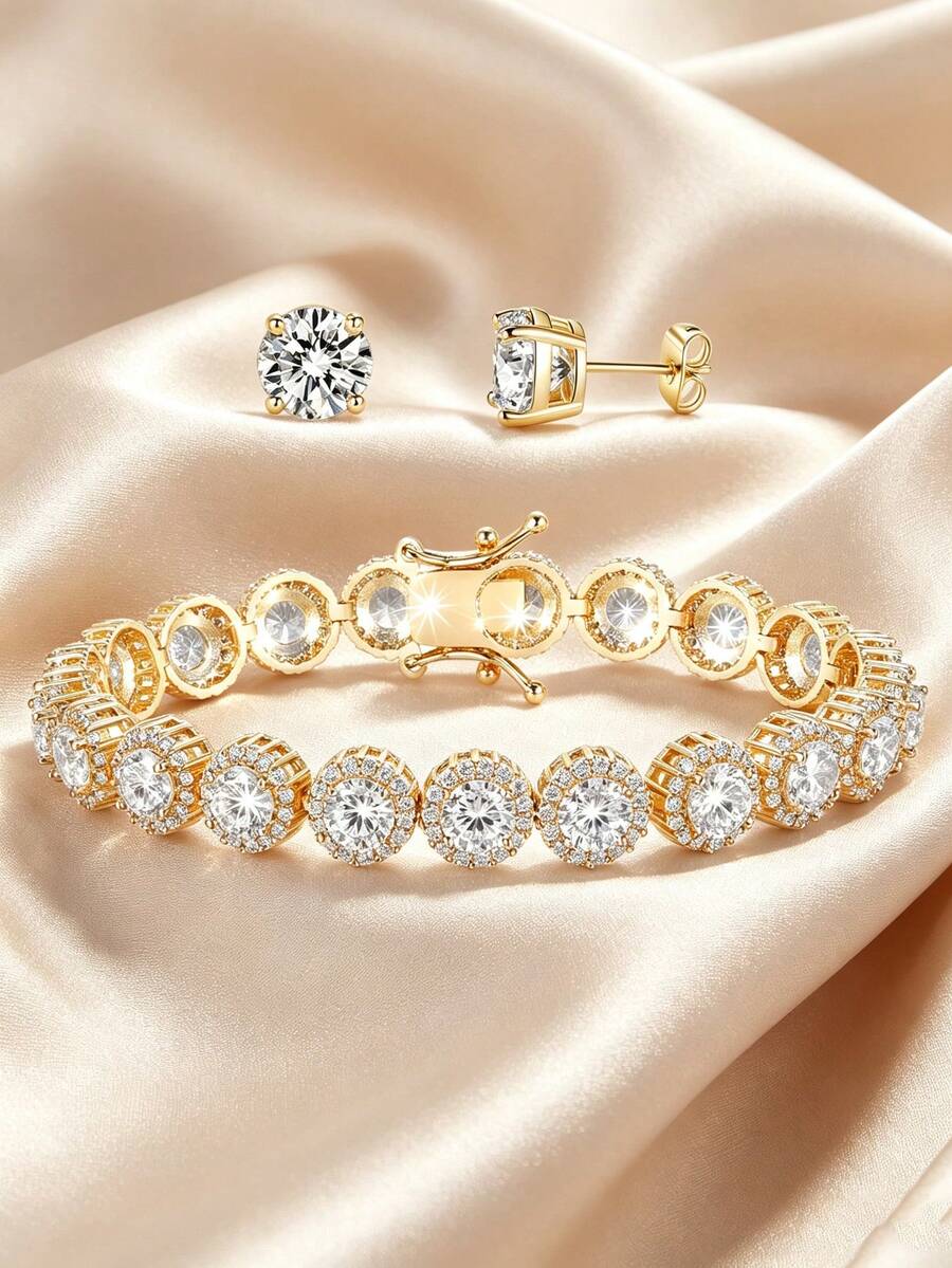 MDFUN 18K White /Gold Plated 5mm Floral Halo Tennis Bracelet & 6mm ...