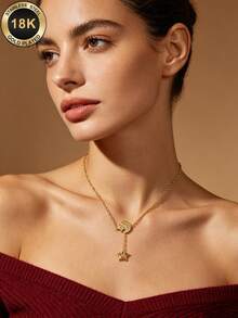 TONSI 1pc Luxury Fashion Minimalist Exotic Bohemian Style 18K Gold Plated Stainless Steel Rhinestone Moon & Star Y-Shaped Pendant Necklace, Versatile Hypoallergenic Star & Moon Pattern Collarbone Chain, Saudi National Day Muslim Festival Gift, Suitable For Women's Daily Commute, Holiday, Date Accessory - Gold - View 1