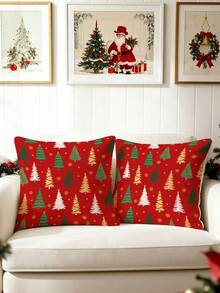 1/2/4Pcs Vibrant Red Christmas Tree Cushion Cover,Mixed Green Gold White Pine Tree Print,Golden Snowflake Winter Farmhouse Holiday Decor Pillow Case - Multicolor - View 9