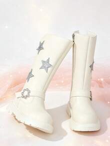 1 Pair Girls' Sequin Star High-Top Leather Boots, Soft PU + Rhinestone Flower Buckle, Elastic Soft Sole With Inner Zipper Design, Cute Cool Sweet Princess Style Chelsea Long Boots, Suitable For Daily, Holiday, Birthday, Autumn/Winter New Arrival - White - View 3