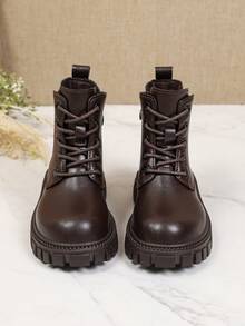 1 Pair Coffee Brown Boys' Boots, Soft PU + Elastic Fabric, Lightweight Soft Sole With Inner Zipper Design, Simple Classic Work Boots, Suitable For Boys And Girls Students For Daily School And Holiday Wear, Autumn/Winter New Style - Coffee Brown - View 3