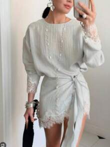 Women's Elegant 2 Pieces Set, Contrast Color Lace Detail Round Neck Long Sleeve Top With Bodycon Mini Skirt, Casual Cute Style Spring/Autumn Women's 2 Pieces Set - Dusty Blue - View 3