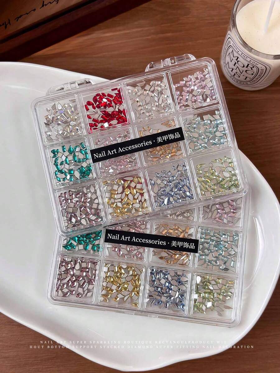 12-Grid Mixed Assorted Irregular Rhinestones K9 Flat Back Heart & Teardrop Shaped Nail Art Decorations, Faux Crystal Flat Back Nail Rhinestones