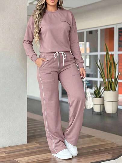 Women's Casual Colorblock Sweatshirt And Wide Leg Pants 2 Pieces Set With Pockets, Crew Neck Pullover Sweatshirt Set, Sports Outfit, Beach, Office, Home, Streetwear, Spring, Autumn, Winter, Graduation Outfit, Back To School Outfit, Teacher Outfit, Back To School Season, Spring Clothing, Summer Holiday Outfit, Autumn Clothing Set, Solid Color 2 Pieces Set, Winter Clothing, Long Sleeve Women's Winter Top, Loose Pants 2 Pieces Set, Autumn/Winter