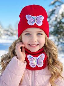 3pcs 3-15Y Embroidered Sequin Bow Knit Hat + Scarf 2-Piece Set, Solid Color New Style Hat Set - 2PCS - View 6