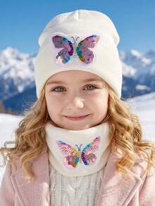 3pcs 3-15Y Embroidered Sequin Bow Knit Hat + Scarf 2-Piece Set, Solid Color New Style Hat Set - 2PCS - View 10