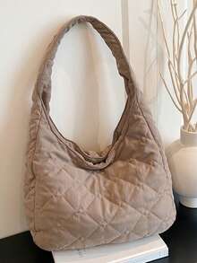 Tas Bahu Wanita, Tas Kasual Lembut dengan Bordir, Tas Bantal, Tas Fashion Portabel Kapasitas Besar - Khaki - View 2