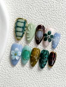 10片森林綠意風手工穿戴甲，Polygel美甲套組，花朵、棕色指甲，復古寶石風，3種尺寸可選，杏仁甲、鴨嘴甲、棺材甲，適用派對、舞蹈、日常穿著（手工細節可能有所不同） - 彩色 - 查看 14