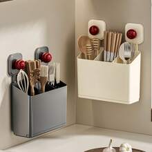1pc Small No‑Drill Self‑Adhesive Kitchen Cutlery Organizer With Divided Compartments, Wall Or Countertop Plastic Holder For Chopsticks Spoons Forks, Space‑Saving For Sink And Small Spaces, Great For Daily Use And Christmas Kitchen Arrangement - Multicolor - View 8