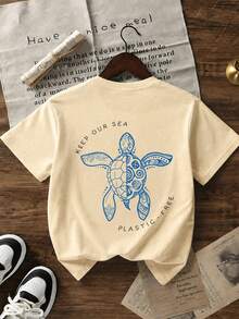 Young Boy 1pc Turtle Print Pullover Short Sleeve T-Shirt, Student Youth Kids' Summer Top - Apricot - View 2