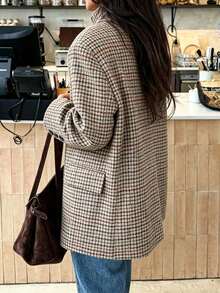 Women's Autumn/Winter Blazer, French Elegant Houndstooth Print Thickened Asymmetrical Closure Regular Fit Jacket, Urban Modern Fashion Commute Long Sleeve Lapel Blazer - Mocha Brown - View 5