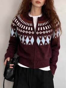 Women's Autumn/Winter Casual Vintage Pattern Round Neck Knit Cardigan Sweater Jacket - Brown - View 3