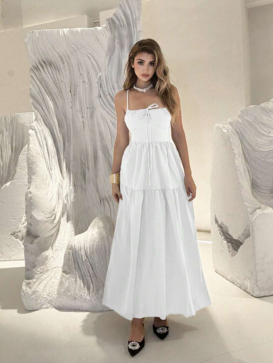 Summer Casual Backless A-Line Resort Spaghetti Strap Dress, White Sundress
