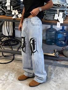 Men's Light Wash Baggy Jeans, Gothic Large Letter Print Splatter Design Denim Pants, Loose Streetwear Style Long Pants Suitable For Daily - Light Wash - View 2