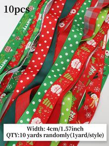 10pcs Christmas Gift Wrapping Ribbons, Random Patterns, Snowflake Deer Christmas Tree Pattern Woven Ribbon, Christmas Tree Wreath Decoration Bow Pendant, Gift Box Packaging Ribbon, Party Decoration Colorful Ribbon, - View 18