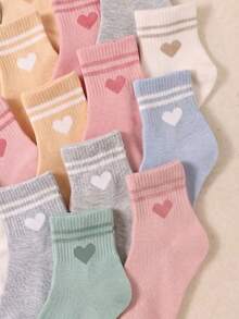 20/10 Pairs Girls Mid-Crew Socks, Sweet Heart Pattern, Pastel Tone, Cute Striped Design, Fall Socks For Girls, Toddler Girl Fall, Fall Decor - Multicolor - View 6