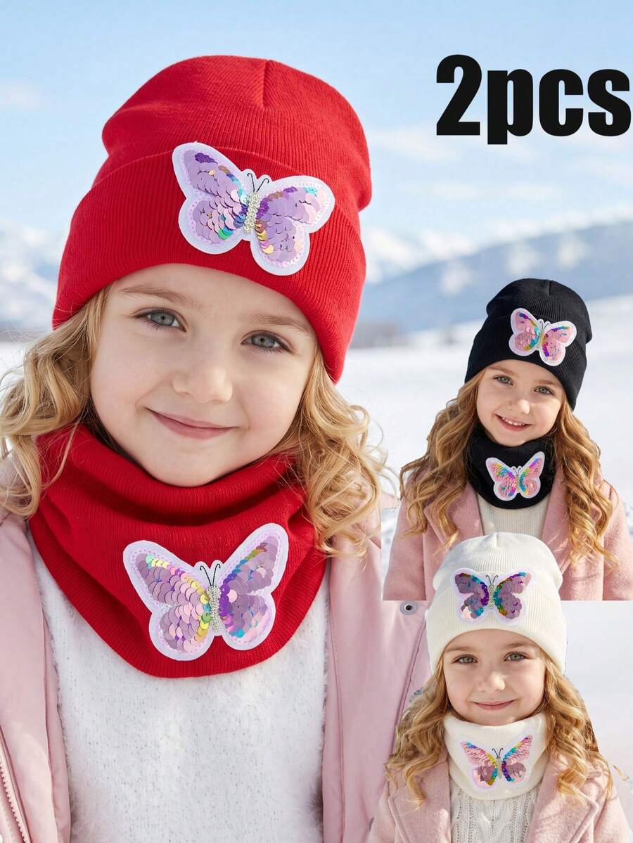 3pcs 3-15Y Embroidered Sequin Bow Knit Hat + Scarf 2-Piece Set, Solid Color New Style Hat Set - 2PCS - View 1