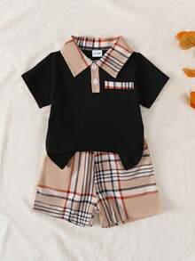 BrownBark 2 件套年轻男孩时尚格子纹理 Polo 衫和格子短裤套装，夏季休闲和校园装 - 黑色 - 查看 2