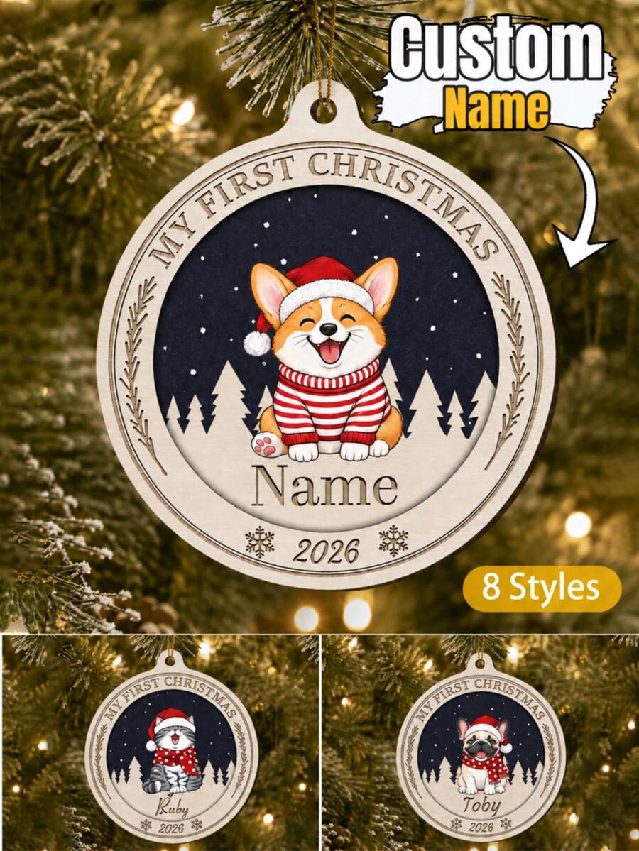 Customized Cat & Dog Round Christmas Hanging Ornament, Personalized Pet Tree Hanging Decoration, Holiday Home Accent, Customized Name Christmas Pendant, Customizable First Christmas Gift, Pet Lover Gift, Seasonal Party Decoration, Christmas Tree Decoration, Home - Multicolor - View 1