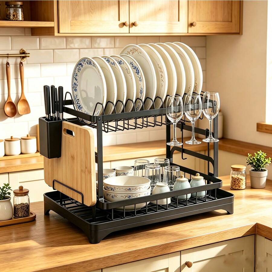 1pc Kitchen Detachable Dish Storage And Drain Rack, 1-Second Installation Dish Rack, Dish Rack, Large Capacity Double-Layer Drying Rack Drain Board Set, Bowl Rack, Cup Rack, Drain Board, Utensil Rack, Kitchen Accessories., Standing Shelf - Multicolor - View 1