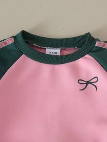 2pcs Baby Girl Casual Sporty Colorblock Raglan Crew Neck Short Sweatshirt & Side Ribbon Bow Straight Leg Pants Set, Spring Autumn - Dark Green - View 3