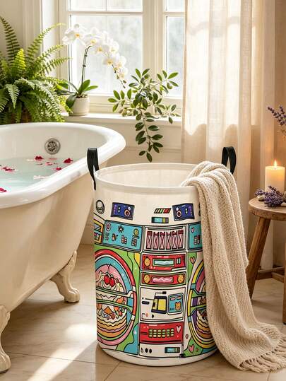 Foldable Laundry Basket/Dirty Clothes Bin, Cartoon Arcade Print Fabric Storage Bucket, Large Capacity With Handles Dirty Clothes Basket, Home Toy And Clothing Organization Storage Bin, Laundry Organizer Basket, Bathroom Dirty Clothes Basket, Car Trunk Storage, Suitable For Bedroom, Bathroom, Car Trunk, Closet Storage - Space-Saving Laundry Organizer Basket, Can Be Flattened And Folded For Storage Without Taking Up Space, Birthday, Christmas, Back To School Season Gift, Can Be Used To Store Miscellaneous Items And Dirty Clothes, Ideal Choice For Storage And Gifting.