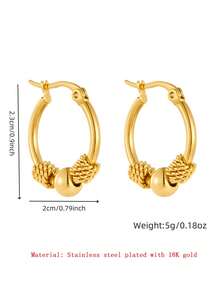 1pair Gold-Plated Stainless Steel Round Woven Twisted Bead Metal Earrings - Gold - View 5