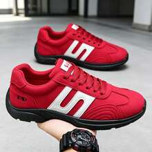 Men's Running Shoes Retro Style, White Contrast Color Striped Lace-Up Soft Sole Casual Sports Shoes - Red - View 2