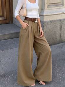 Aflion Women Fall Khaki Pleated Wide Leg Pants, Elastic Back Waist Casual Loose Long Trousers, Belt Not Included - Khaki - View 8