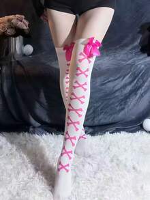 萬聖節蝴蝶結骷髏交叉骨圖案過膝襪，甜美萬聖節 Cosplay 套裝襪 - 白色 - 查看 4