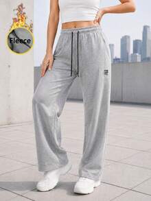 Celana Panjang Wanita Berbahan Fleece dengan Lapisan Dalam, Potongan Lebar, Pinggang Elastis dengan Tali Serut, Model Santai, Celana Jogging Kasual untuk Pemakaian Sehari-hari. - Grey - View 2