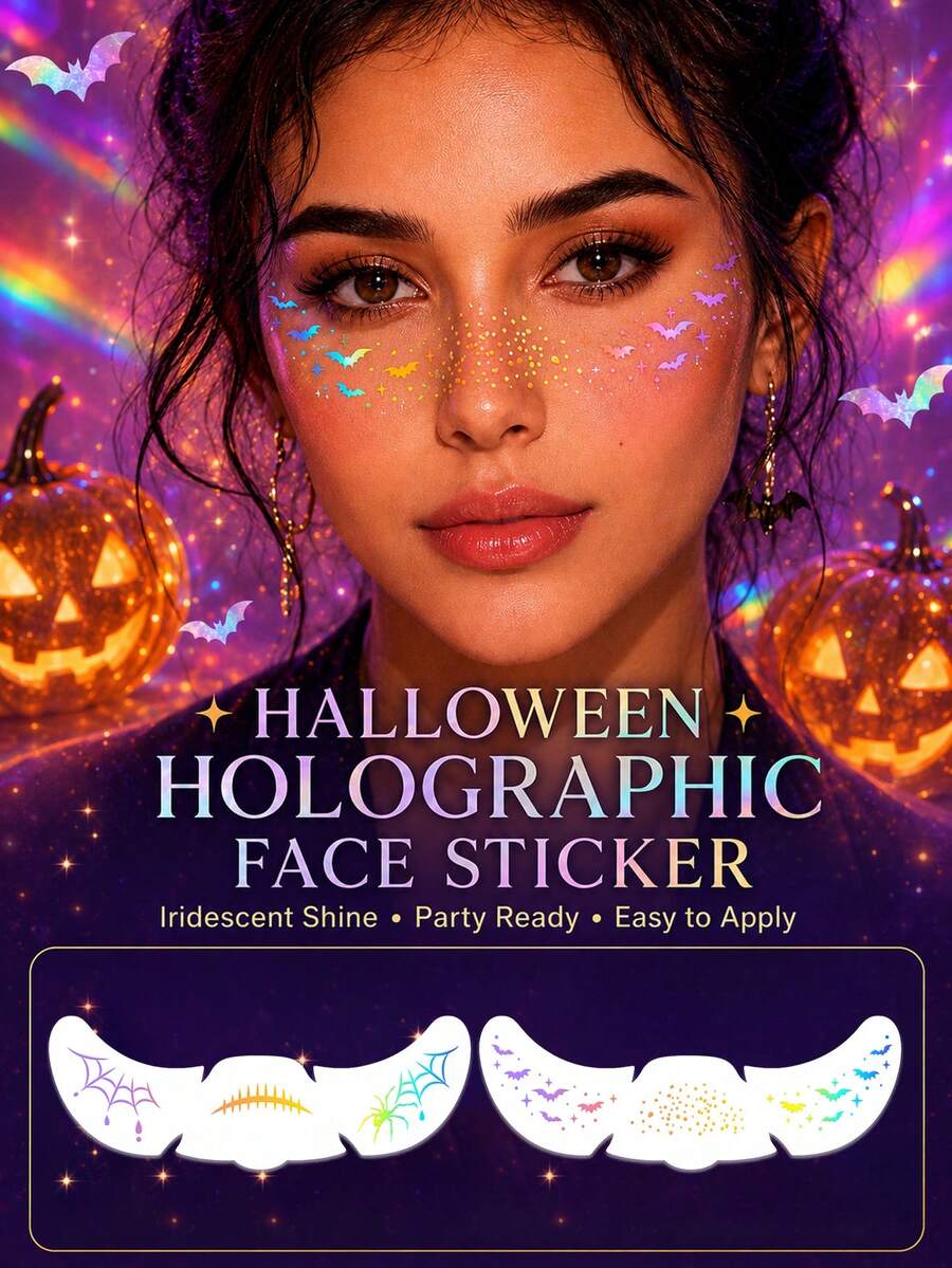 2Pcs Holographic Halloween Face Temporary Tattoos, Spider Web Scar Bat Star Combo Design, Waterproof Long‑Lasting For 2‑5 Days - Multicolor - View 1